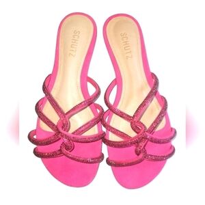 Schutz Uzia Crystal Embellished Fushia Slide Sandals Made in Brazil Size 7.5B